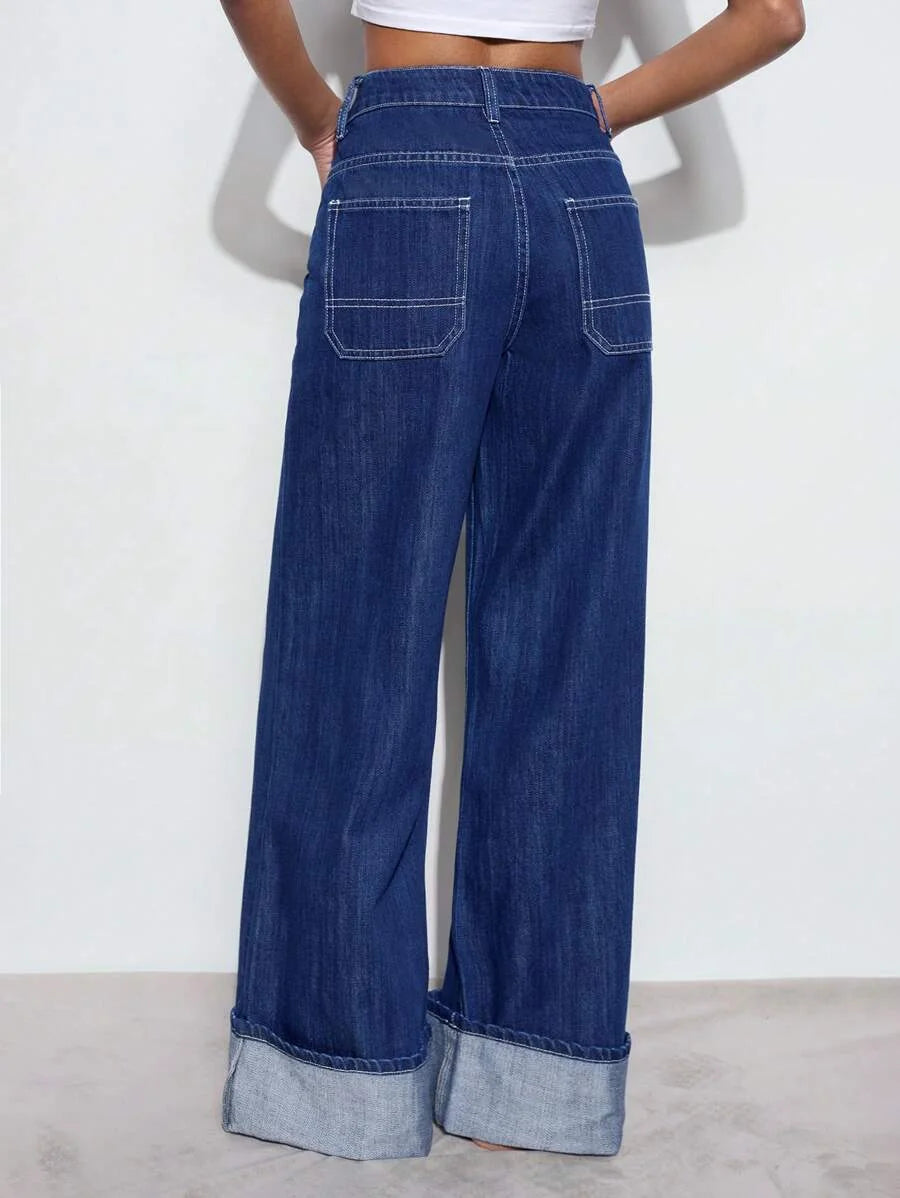 Womens Loose Fit Pocket Design Wide Leg Casual Versatile Jeans