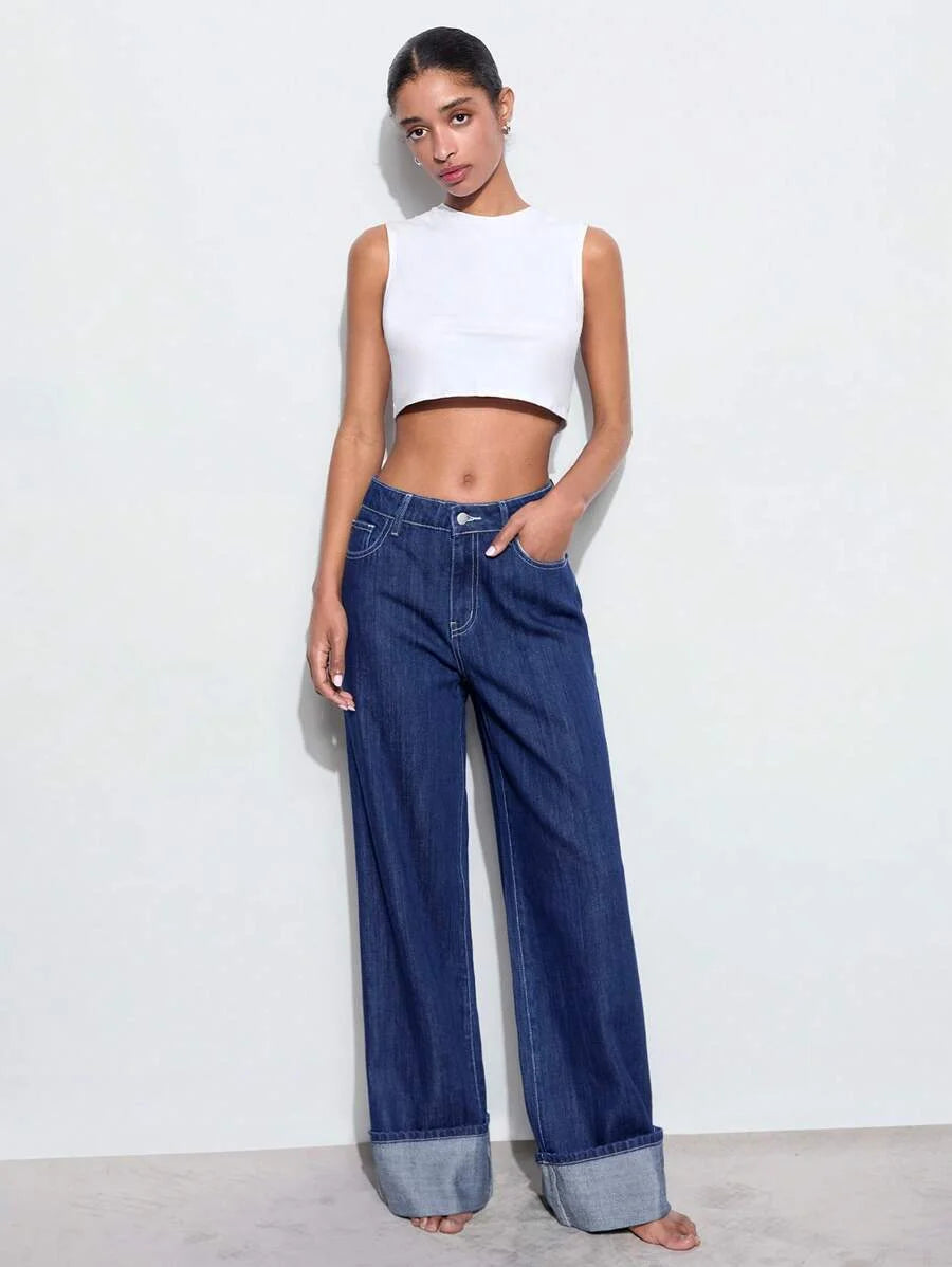 Womens Loose Fit Pocket Design Wide Leg Casual Versatile Jeans