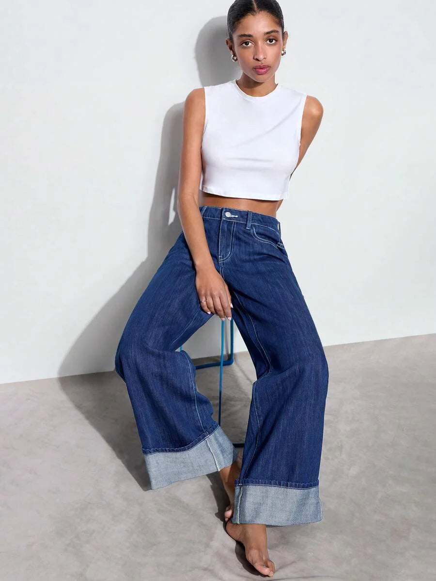 Womens Loose Fit Pocket Design Wide Leg Casual Versatile Jeans