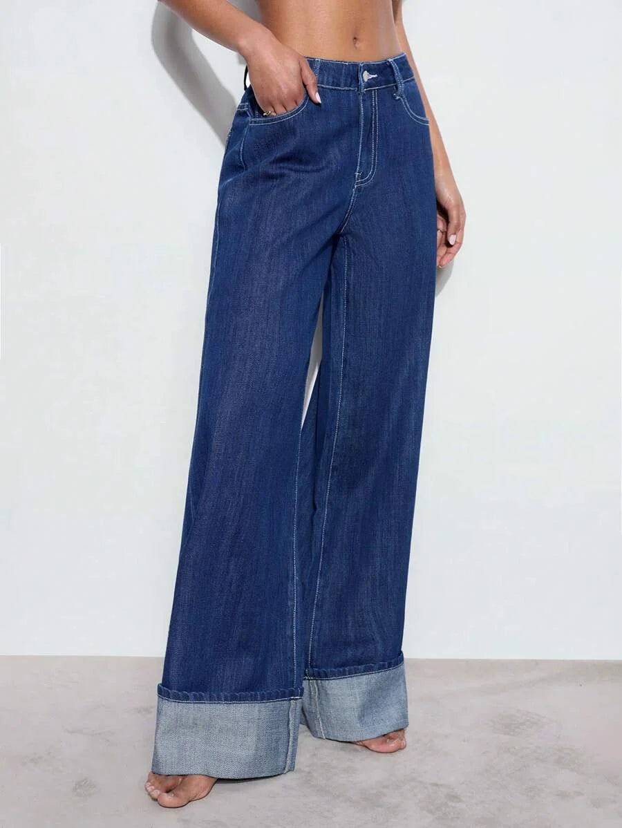 Womens Loose Fit Pocket Design Wide Leg Casual Versatile Jeans