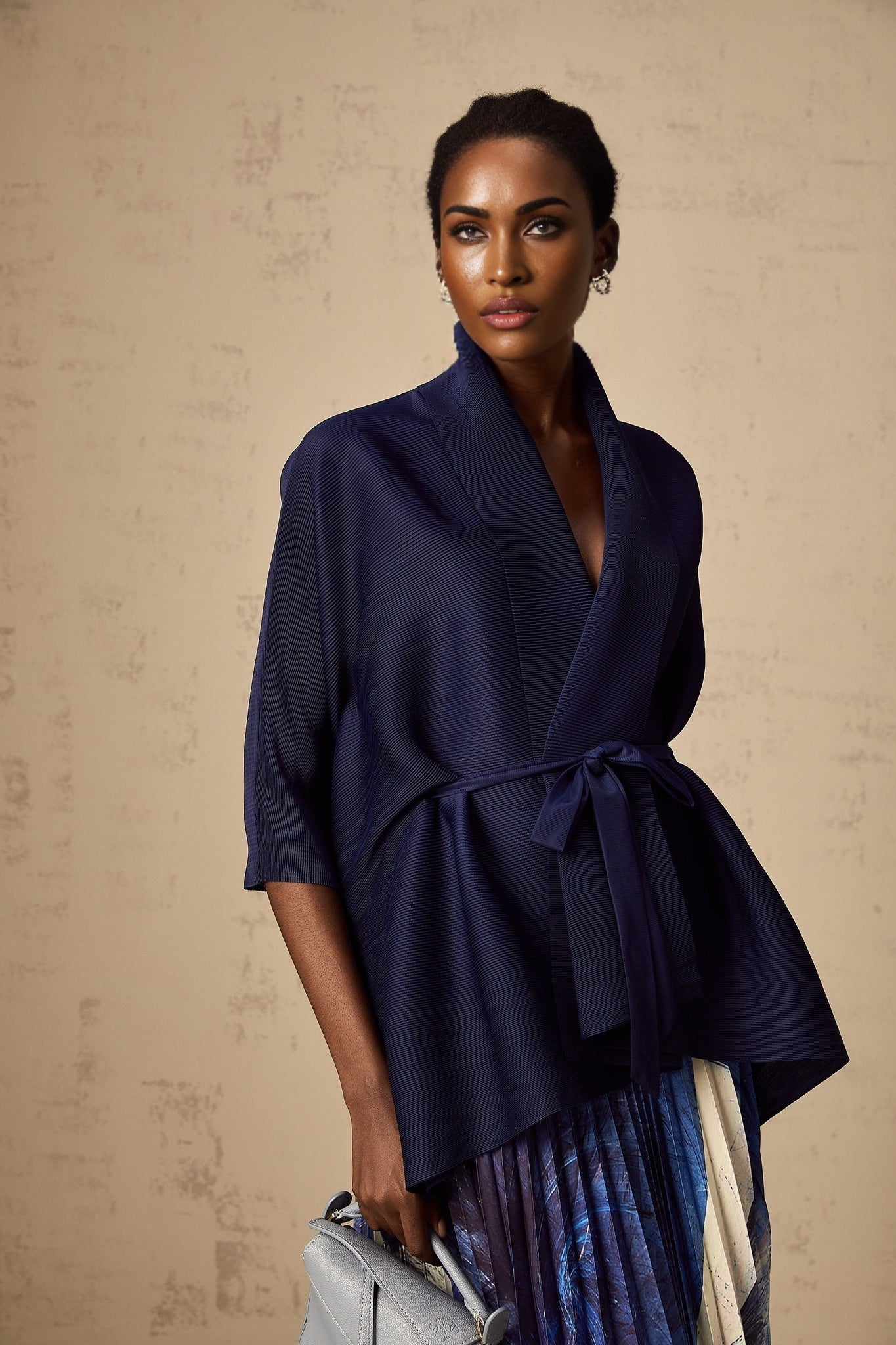 Womens matching set with blue patterned cape and skirt Debbie style creased fabric dressy outfit