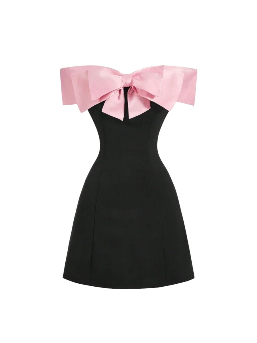 Womens Open Shoulder Contrast Bow Tie Short Dress Black Cocktail Dress For PartyBlack Homecoming