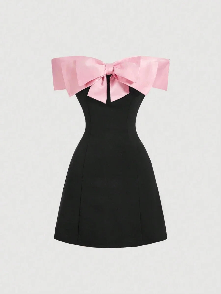Womens Open Shoulder Contrast Bow Tie Short Dress Black Cocktail Dress For PartyBlack Homecoming