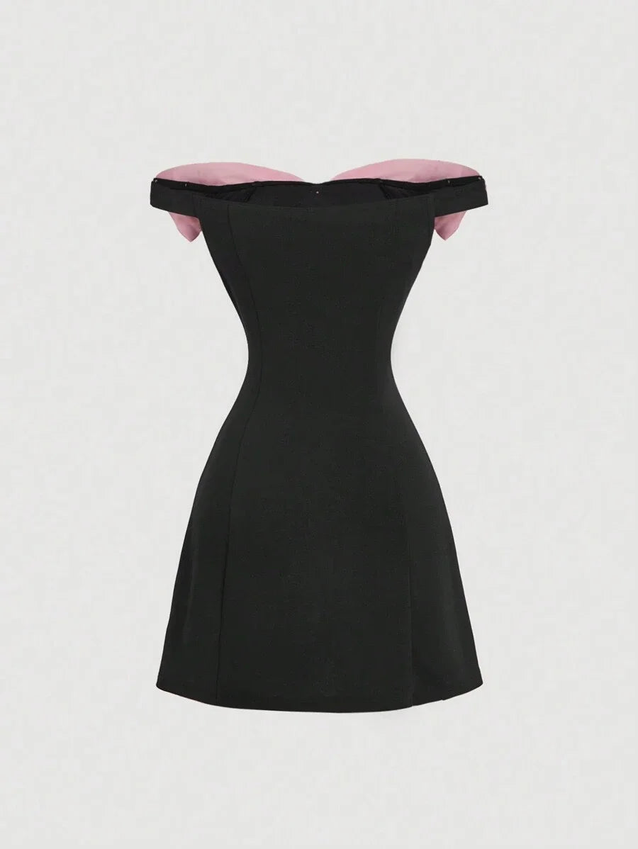 Womens Open Shoulder Contrast Bow Tie Short Dress Black Cocktail Dress For PartyBlack Homecoming