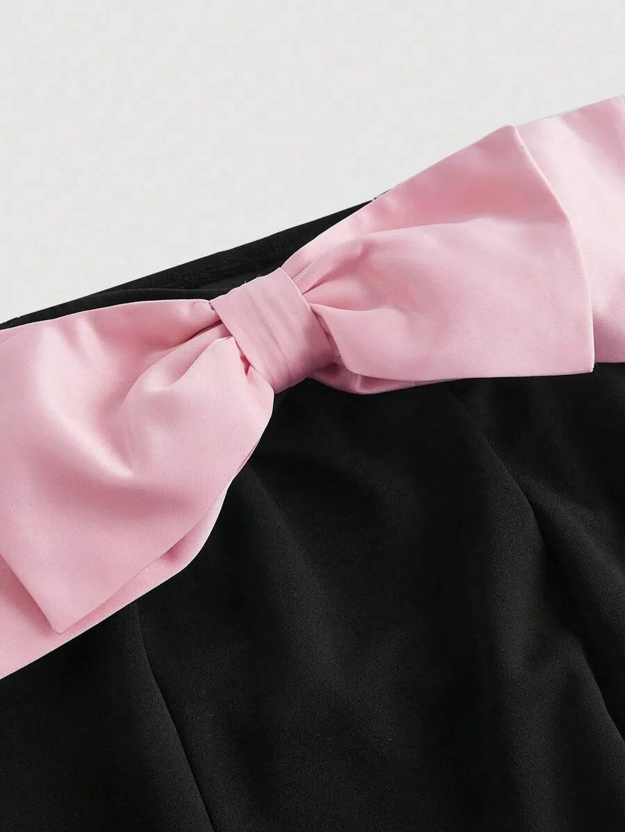 Womens Open Shoulder Contrast Bow Tie Short Dress Black Cocktail Dress For PartyBlack Homecoming