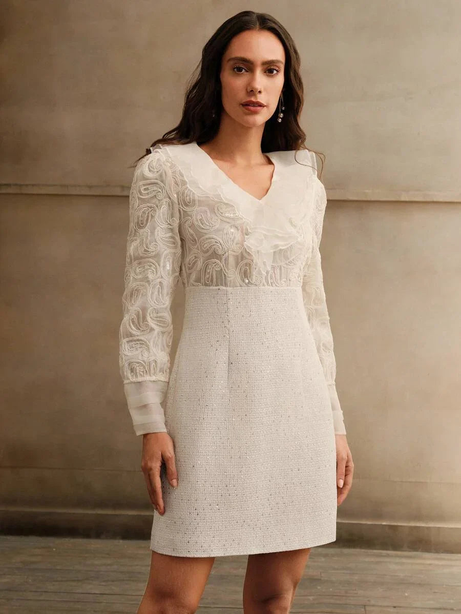 Womens Patchwork Ruffle Trim Long Sleeve Elegant Short Dress