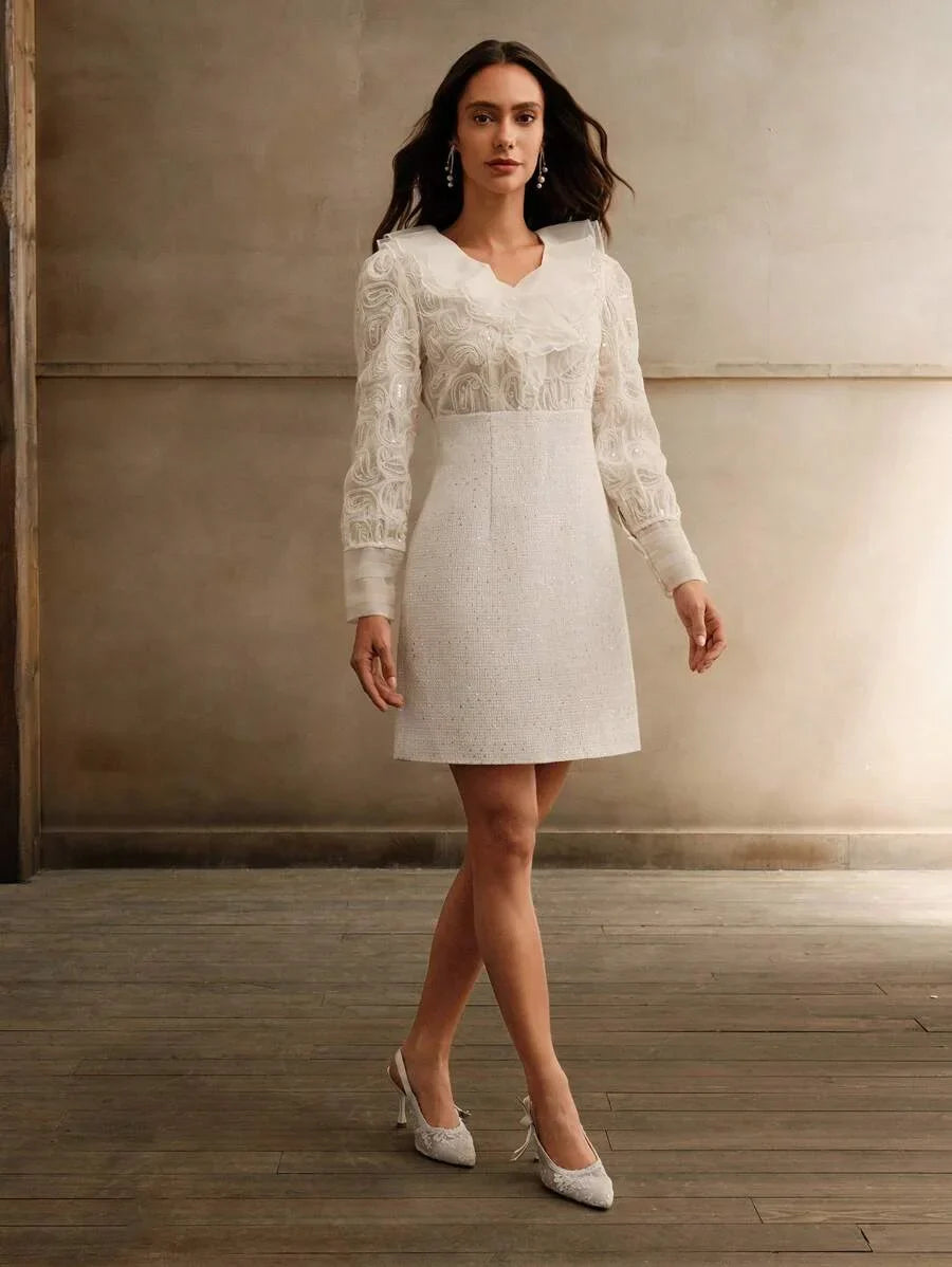 Womens Patchwork Ruffle Trim Long Sleeve Elegant Short Dress