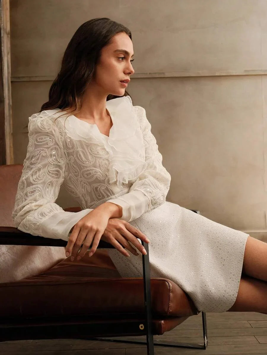 Womens Patchwork Ruffle Trim Long Sleeve Elegant Short Dress