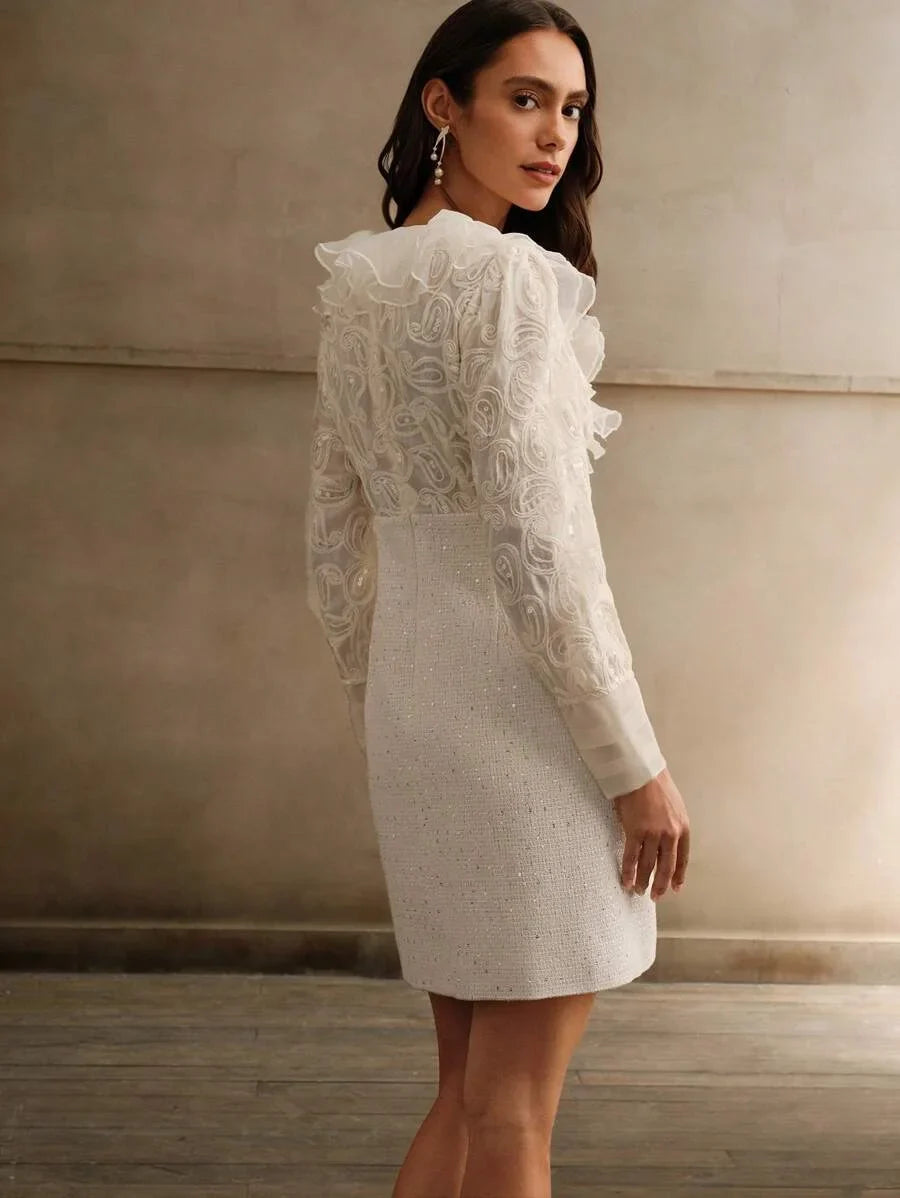 Womens Patchwork Ruffle Trim Long Sleeve Elegant Short Dress