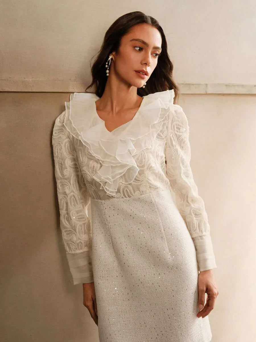Womens Patchwork Ruffle Trim Long Sleeve Elegant Short Dress