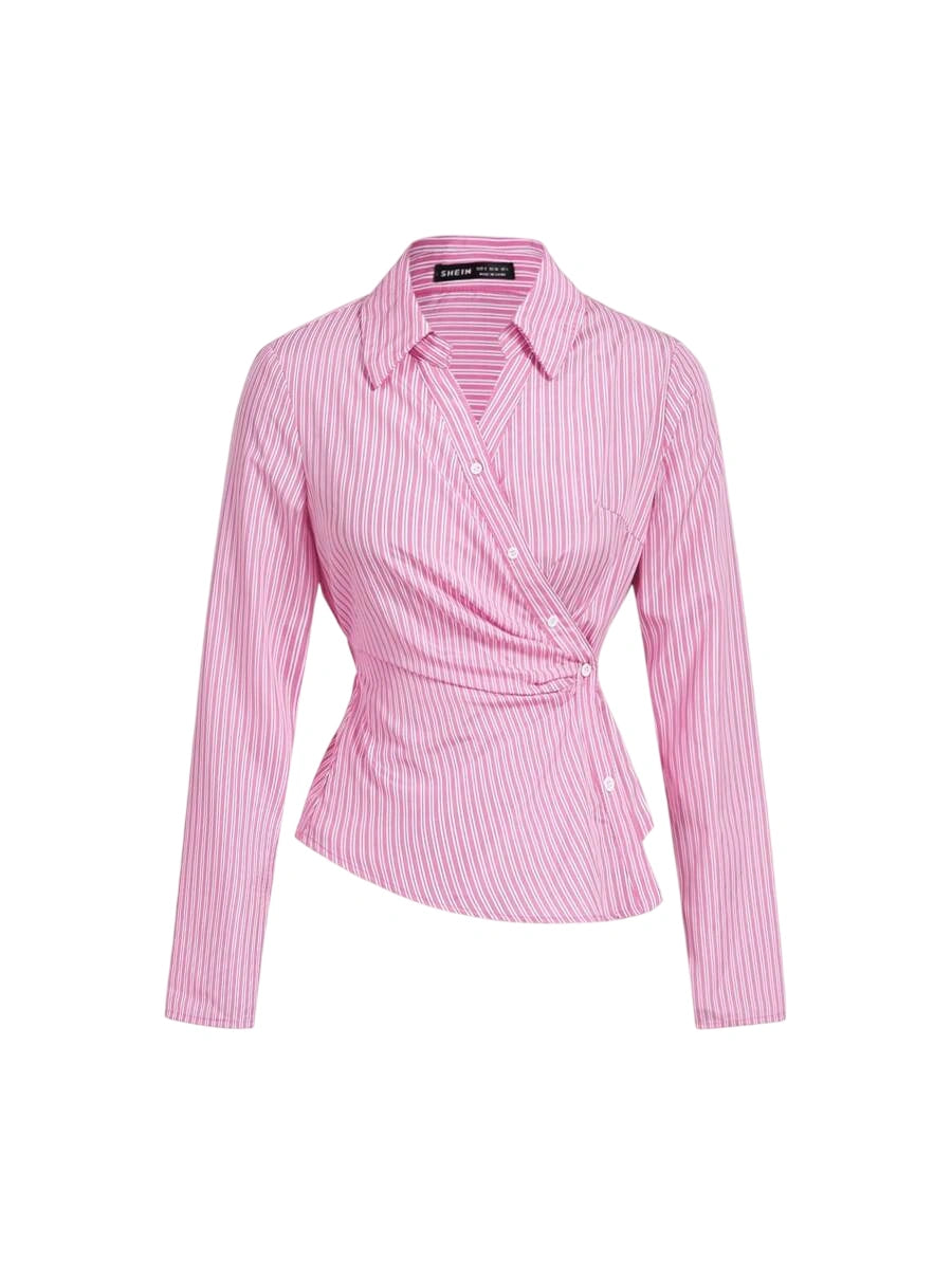 Pink striped wrap blouse with long sleeves and button details