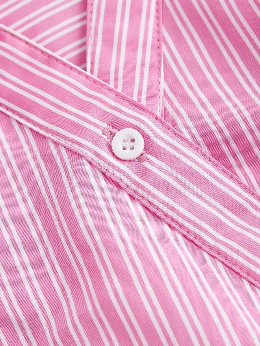 Womens Pink amp White Striped Turndown Collar FoldOver Long Sleeve Business Business Casual