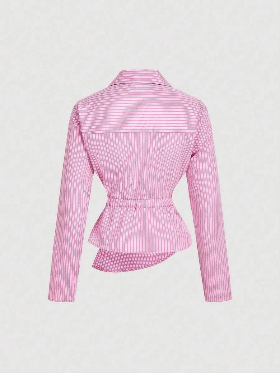 Womens Pink amp White Striped Turndown Collar FoldOver Long Sleeve Business Business Casual