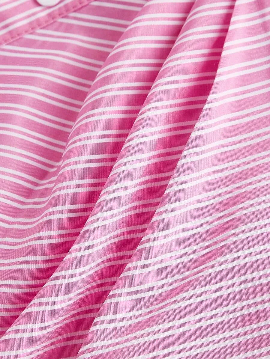 Womens Pink amp White Striped Turndown Collar FoldOver Long Sleeve Business Business Casual