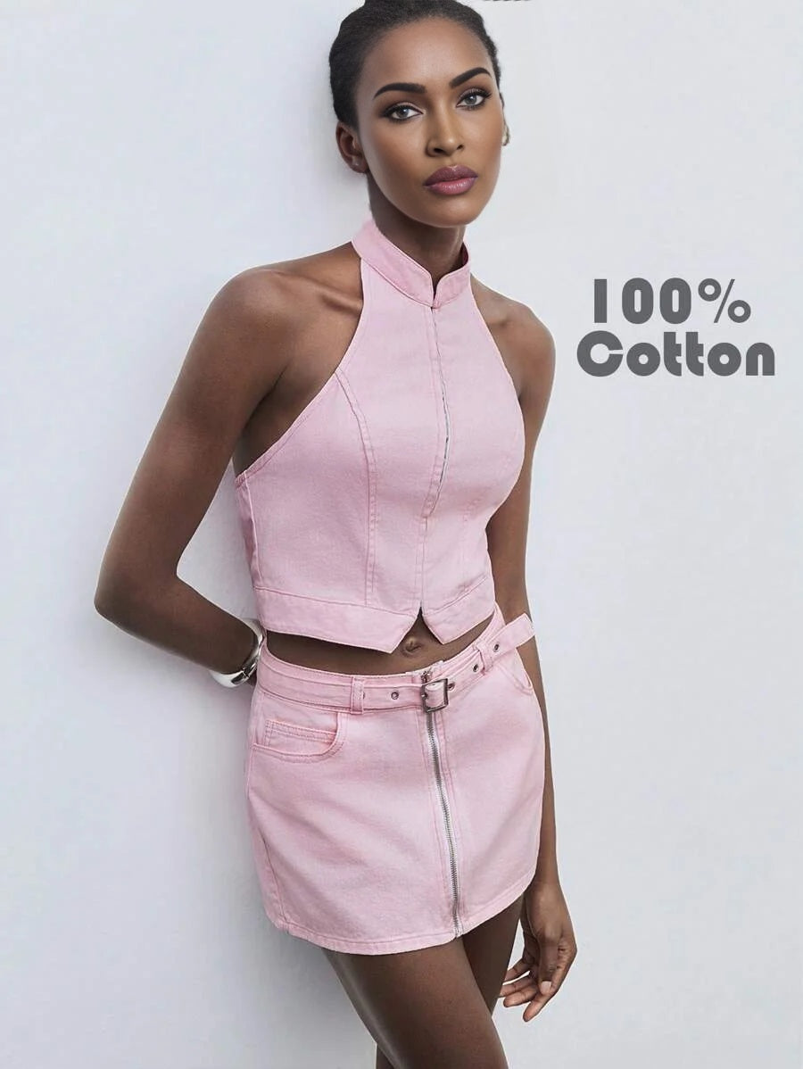 Womens Pink Backless Halter Denim Top Summer Outfits For Women