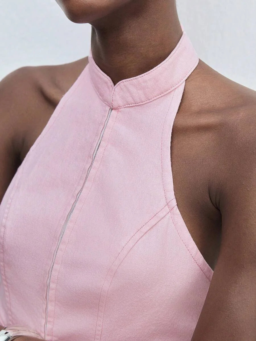 Womens Pink Backless Halter Denim Top Summer Outfits For Women