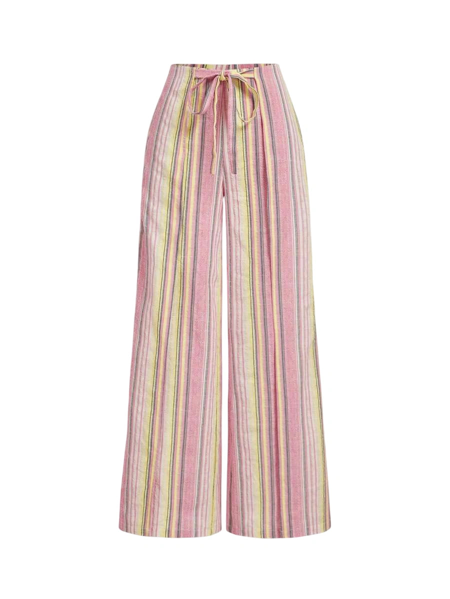 Womens Pink Striped Linen Palazzo Pants Boho Style Casual Trousers Holiday Beach Pants