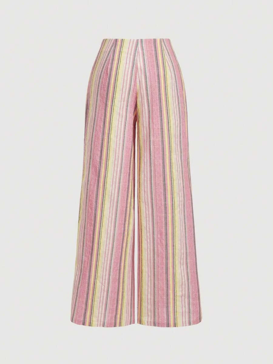 Womens Pink Striped Linen Palazzo Pants Boho Style Casual Trousers Holiday Beach Pants