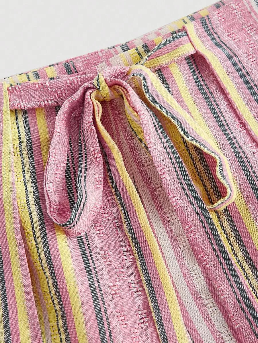 Womens Pink Striped Linen Palazzo Pants Boho Style Casual Trousers Holiday Beach Pants
