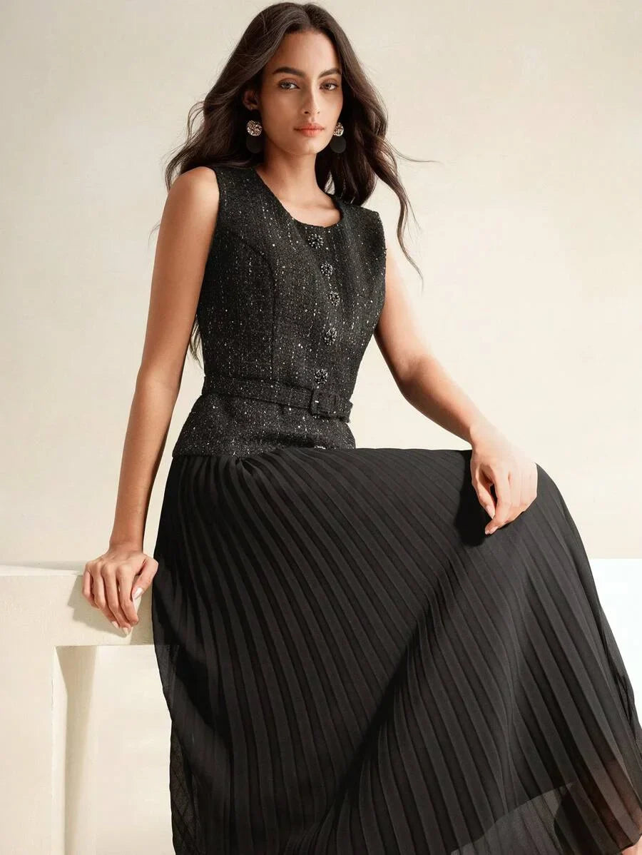 Womens Pleated Chiffon Patchwork Dress 2In1 Maxi Tweed Women Outfit