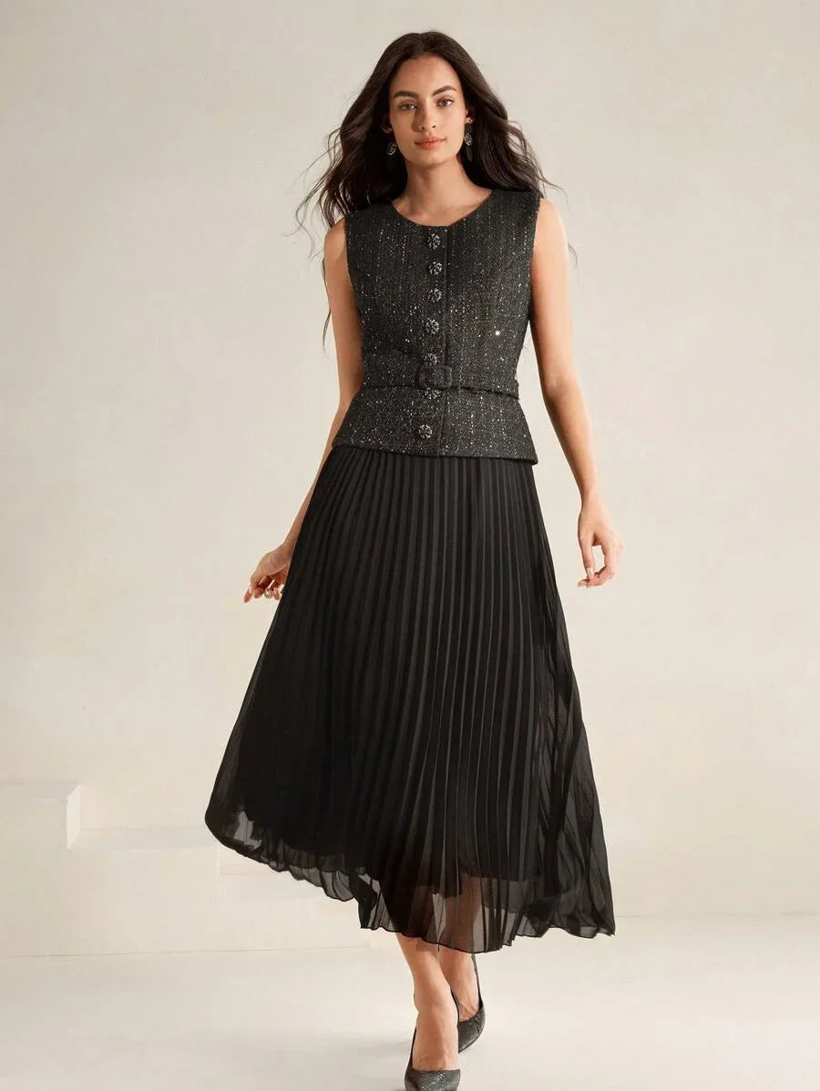 Womens Pleated Chiffon Patchwork Dress 2In1 Maxi Tweed Women Outfit
