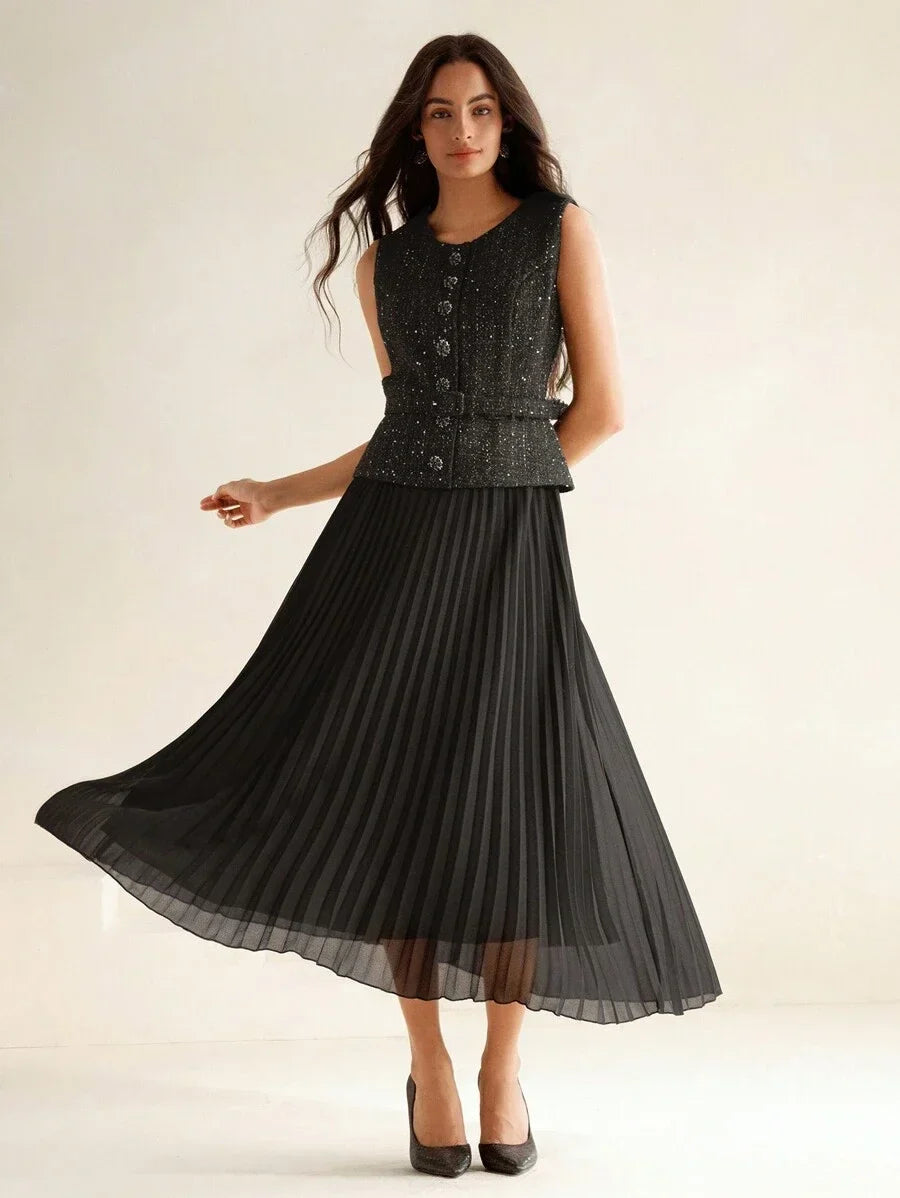 Womens Pleated Chiffon Patchwork Dress 2In1 Maxi Tweed Women Outfit