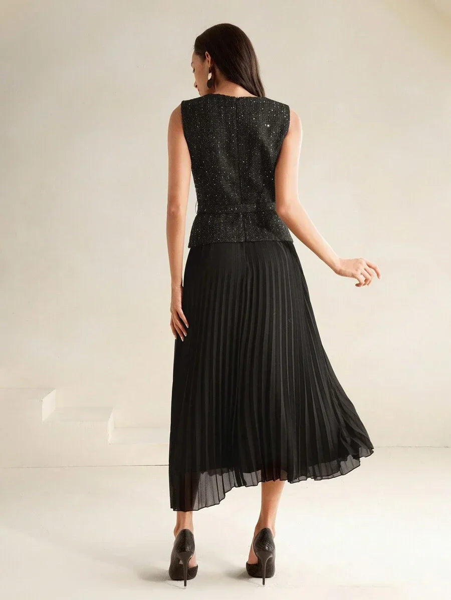 Womens Pleated Chiffon Patchwork Dress 2In1 Maxi Tweed Women Outfit