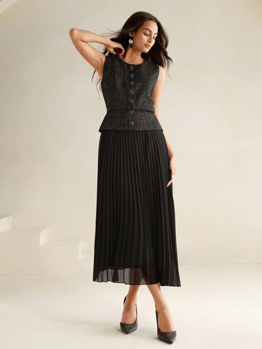 Womens Pleated Chiffon Patchwork Dress 2In1 Maxi Tweed Women Outfit