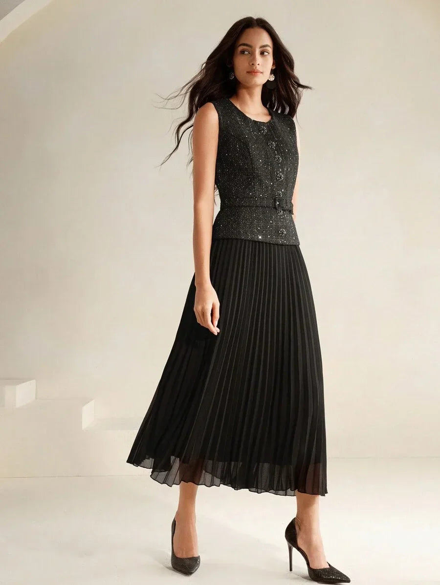 Womens Pleated Chiffon Patchwork Dress 2In1 Maxi Tweed Women Outfit