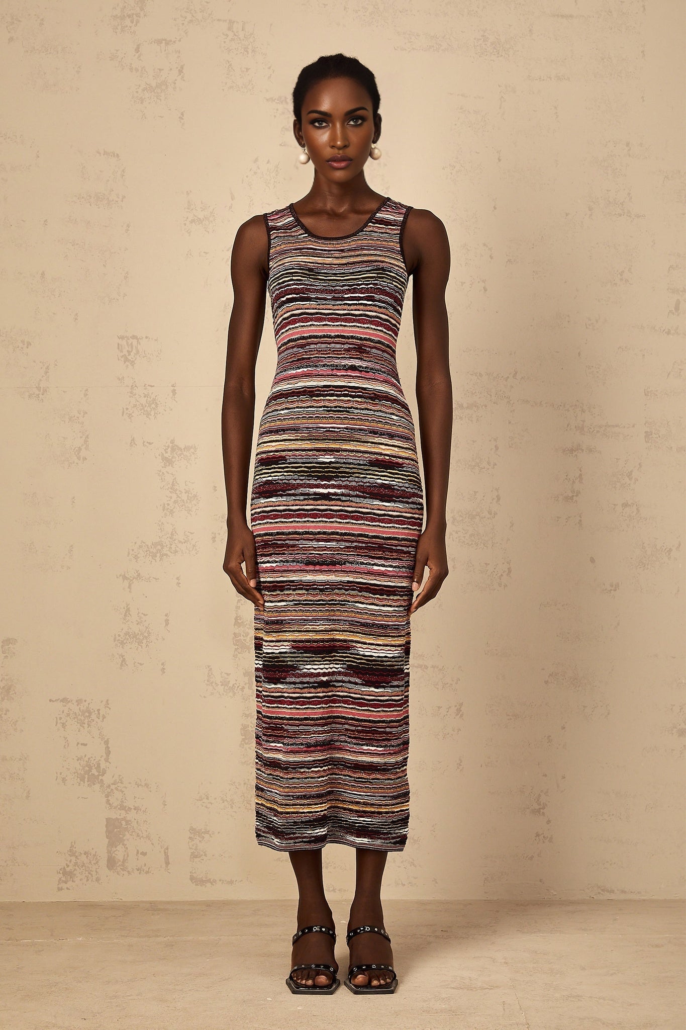 Womens purple and white striped crochet knit midi dress with short sleeves and fitted silhouette