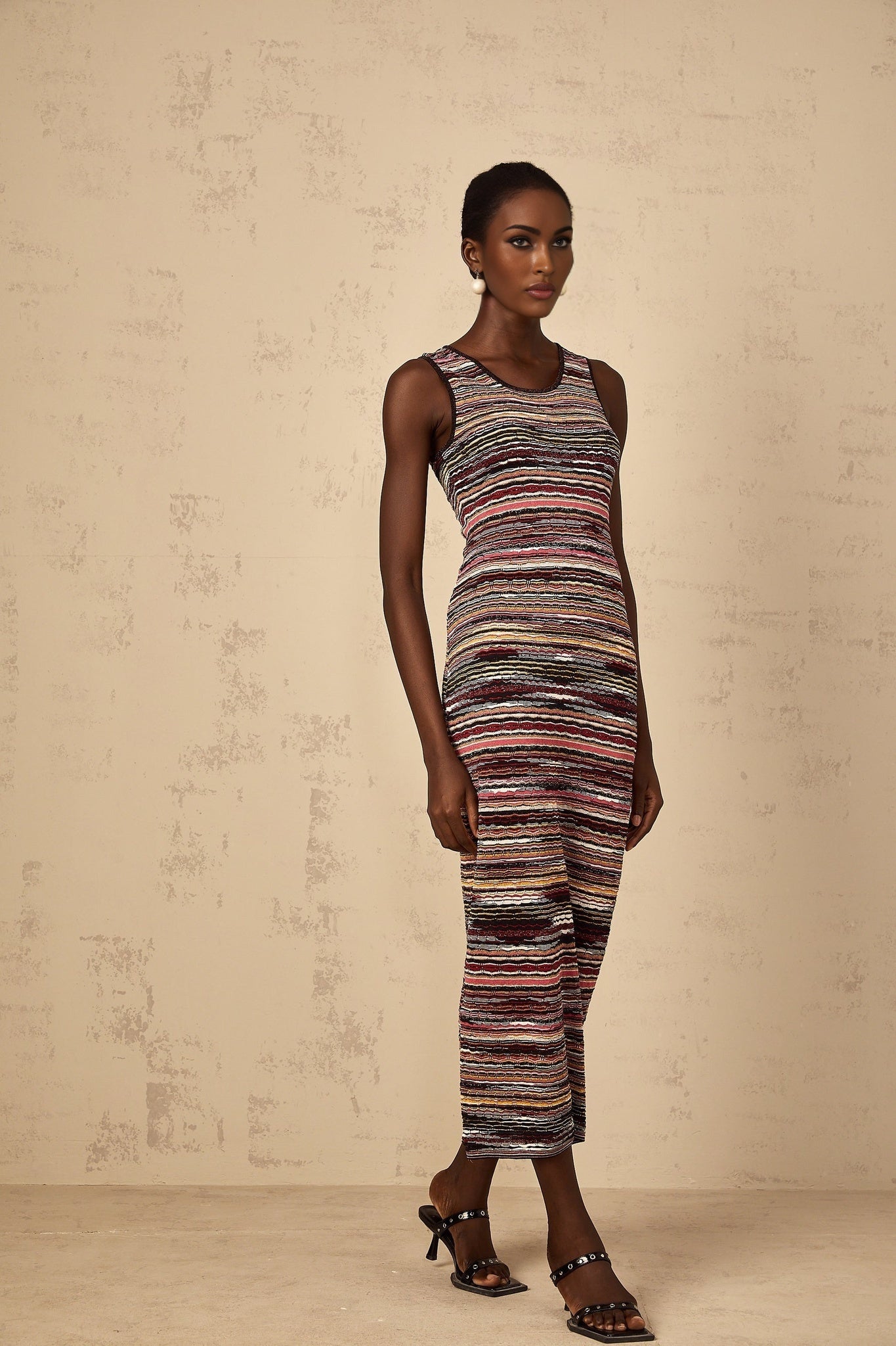 Womens purple midi dress with striped crochet knit pattern