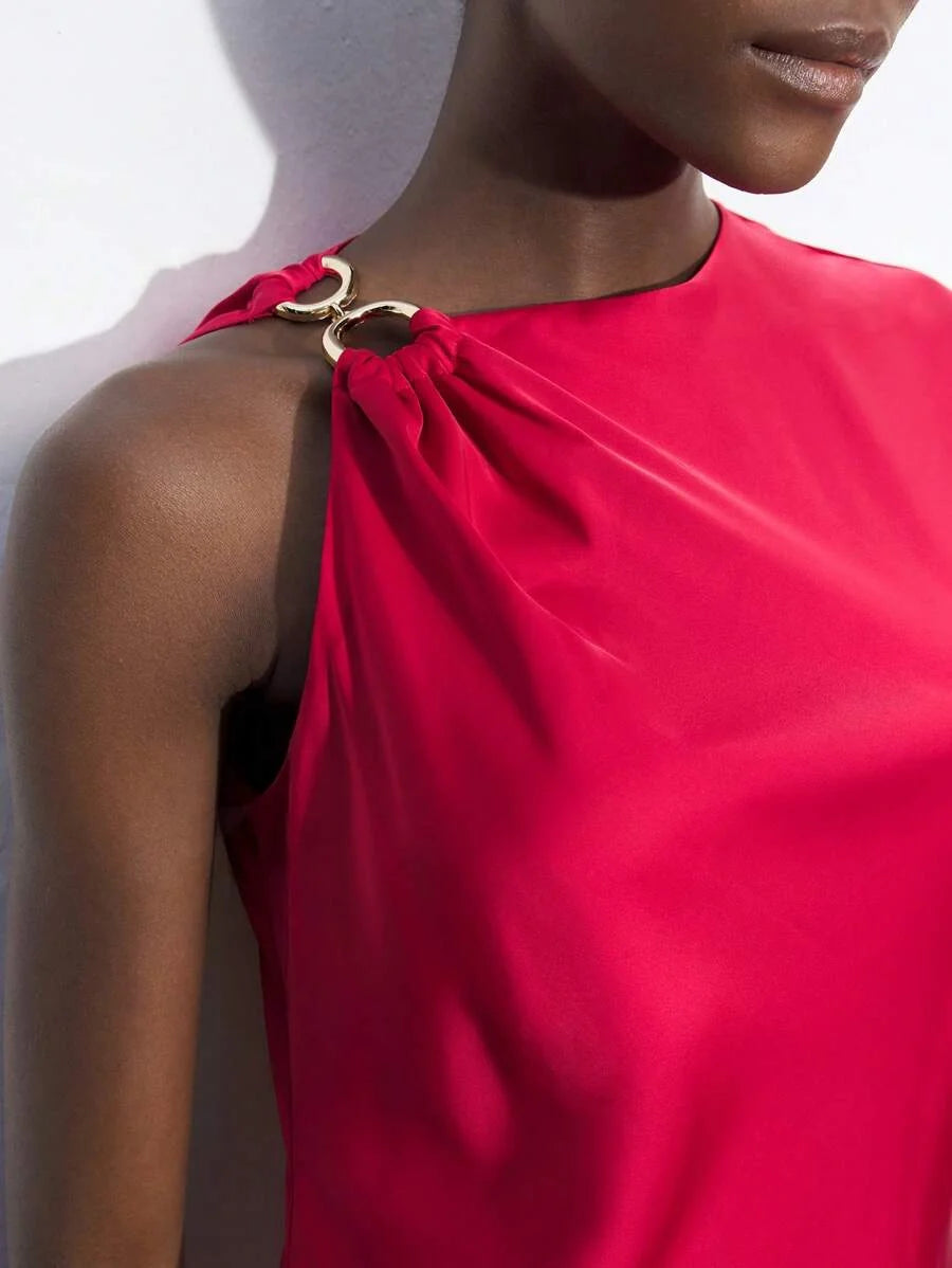 Womens Red Summer Dress With Asymmetrical Sleeve Length Shoulder Twist Metal Decor Elegant Solid