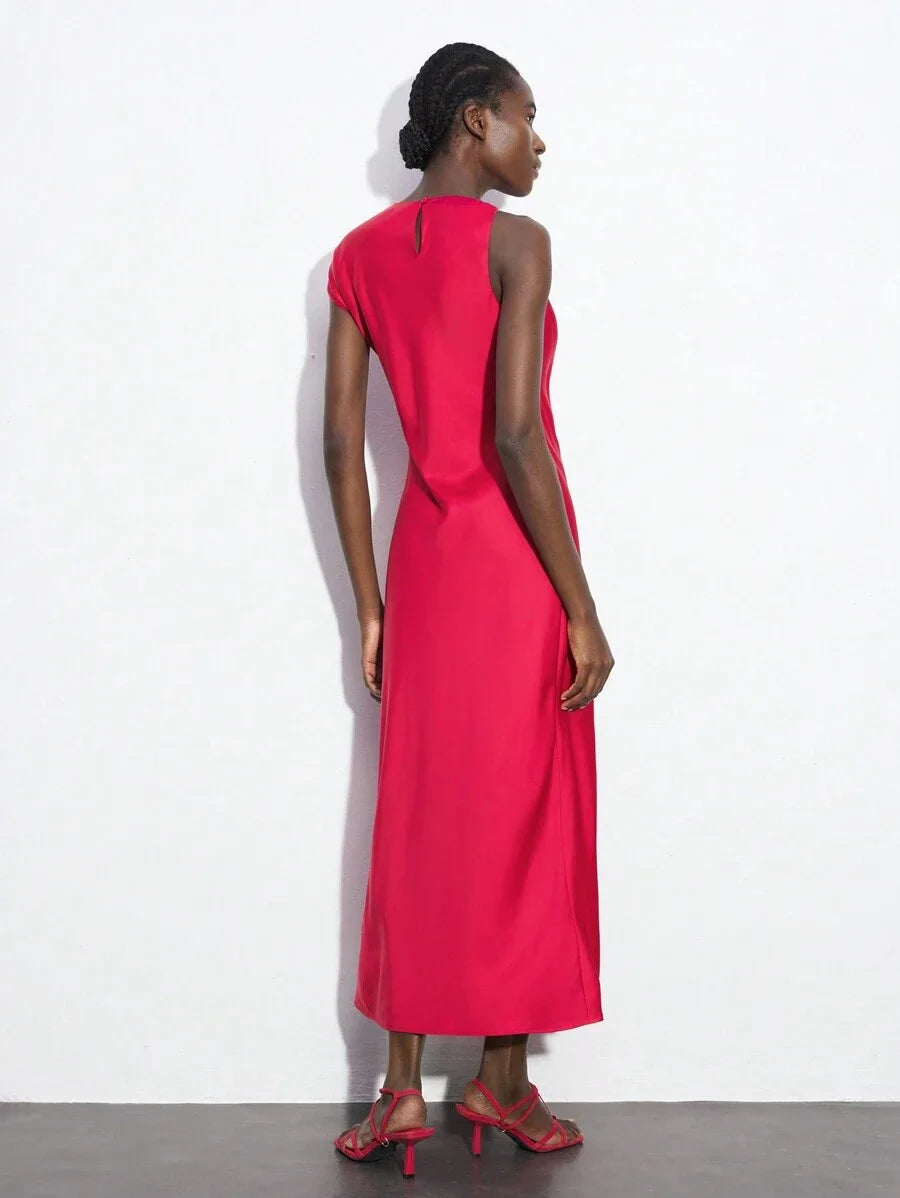Womens Red Summer Dress With Asymmetrical Sleeve Length Shoulder Twist Metal Decor Elegant Solid