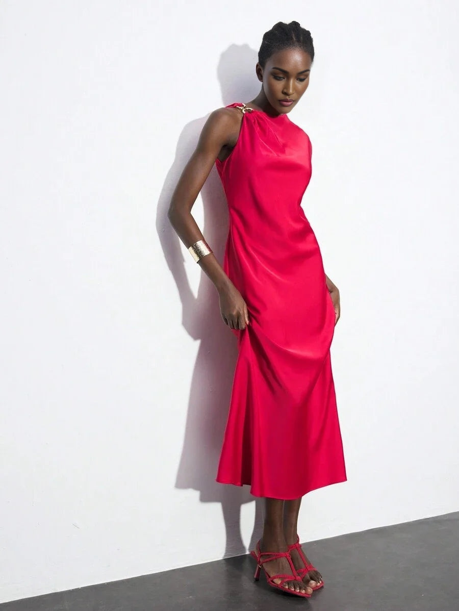 Womens Red Summer Dress With Asymmetrical Sleeve Length Shoulder Twist Metal Decor Elegant Solid