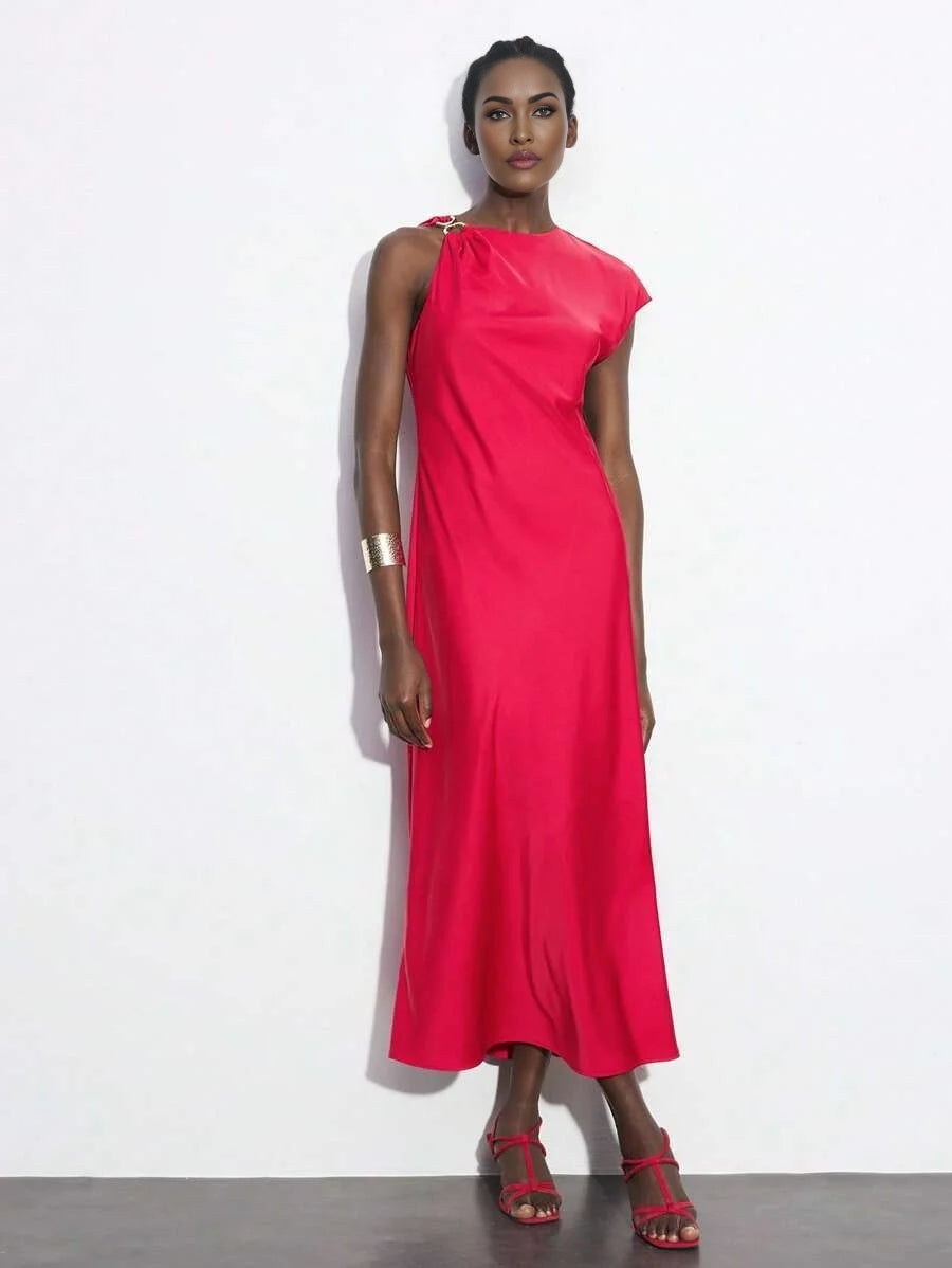 Womens Red Summer Dress With Asymmetrical Sleeve Length Shoulder Twist Metal Decor Elegant Solid
