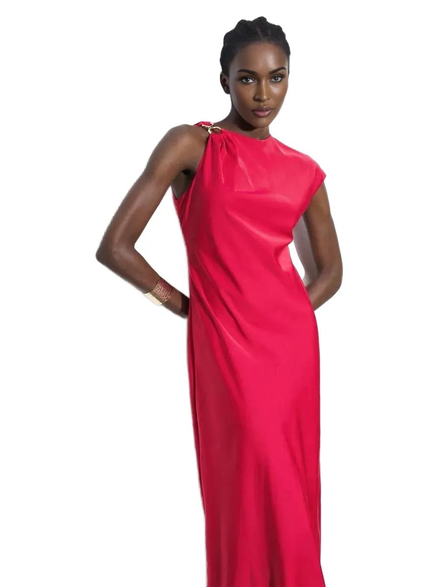 Womens Red Summer Dress With Asymmetrical Sleeve Length Shoulder Twist Metal Decor Elegant Solid