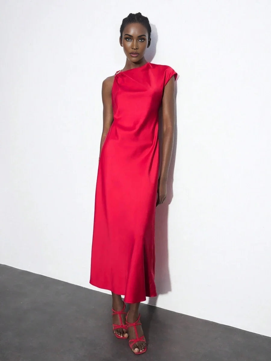 Womens Red Summer Dress With Asymmetrical Sleeve Length Shoulder Twist Metal Decor Elegant Solid