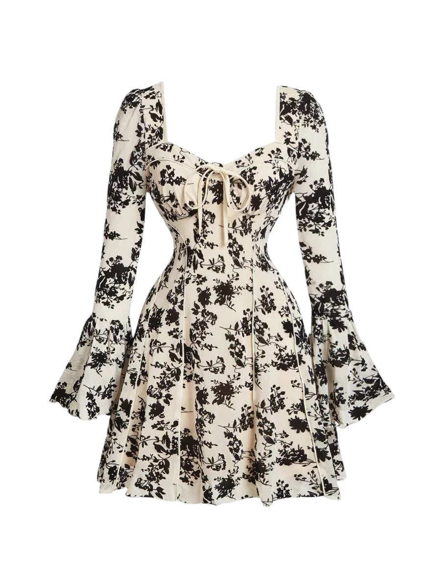 Womens Retro Elegant Flocked Flare Sleeve Square Neck Dress With Bust Cups amp Flared Skirt