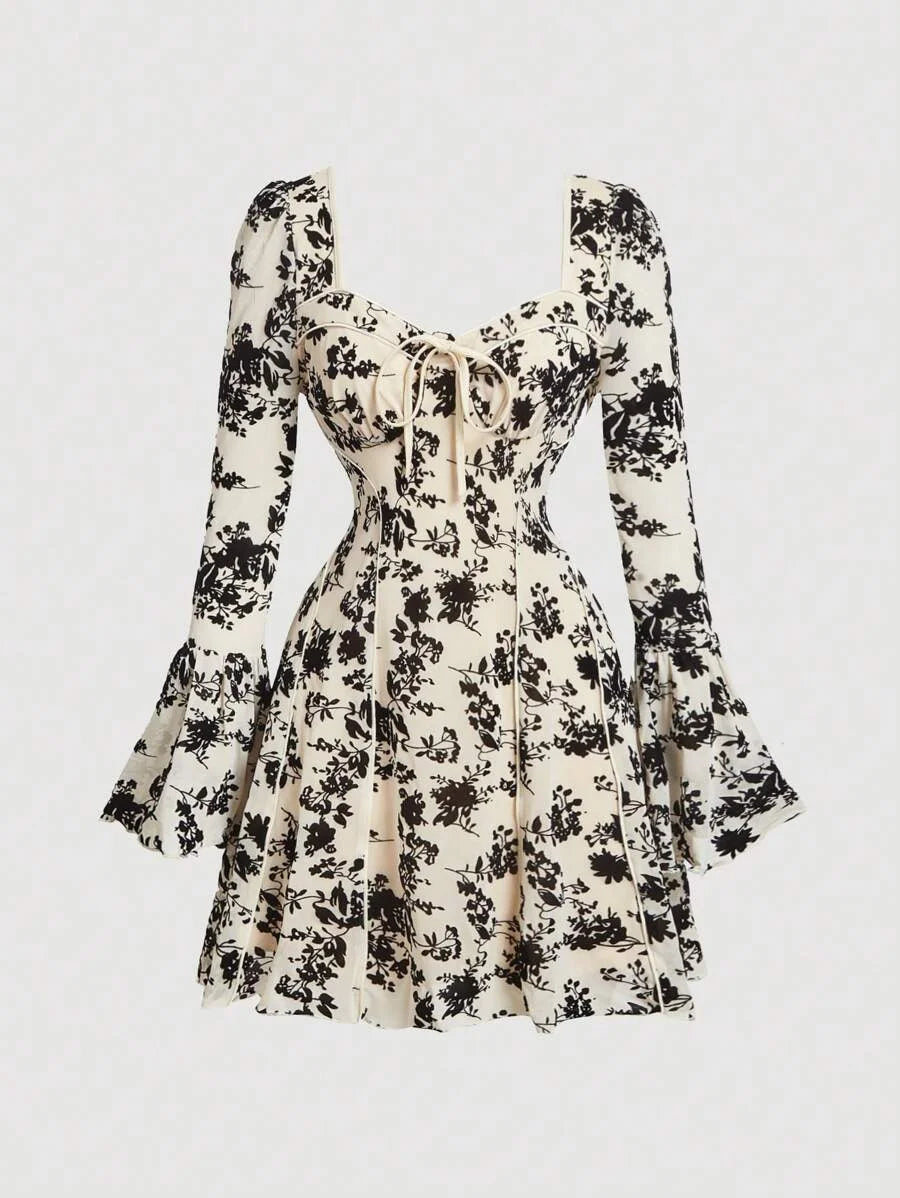 Womens Retro Elegant Flocked Flare Sleeve Square Neck Dress With Bust Cups amp Flared Skirt