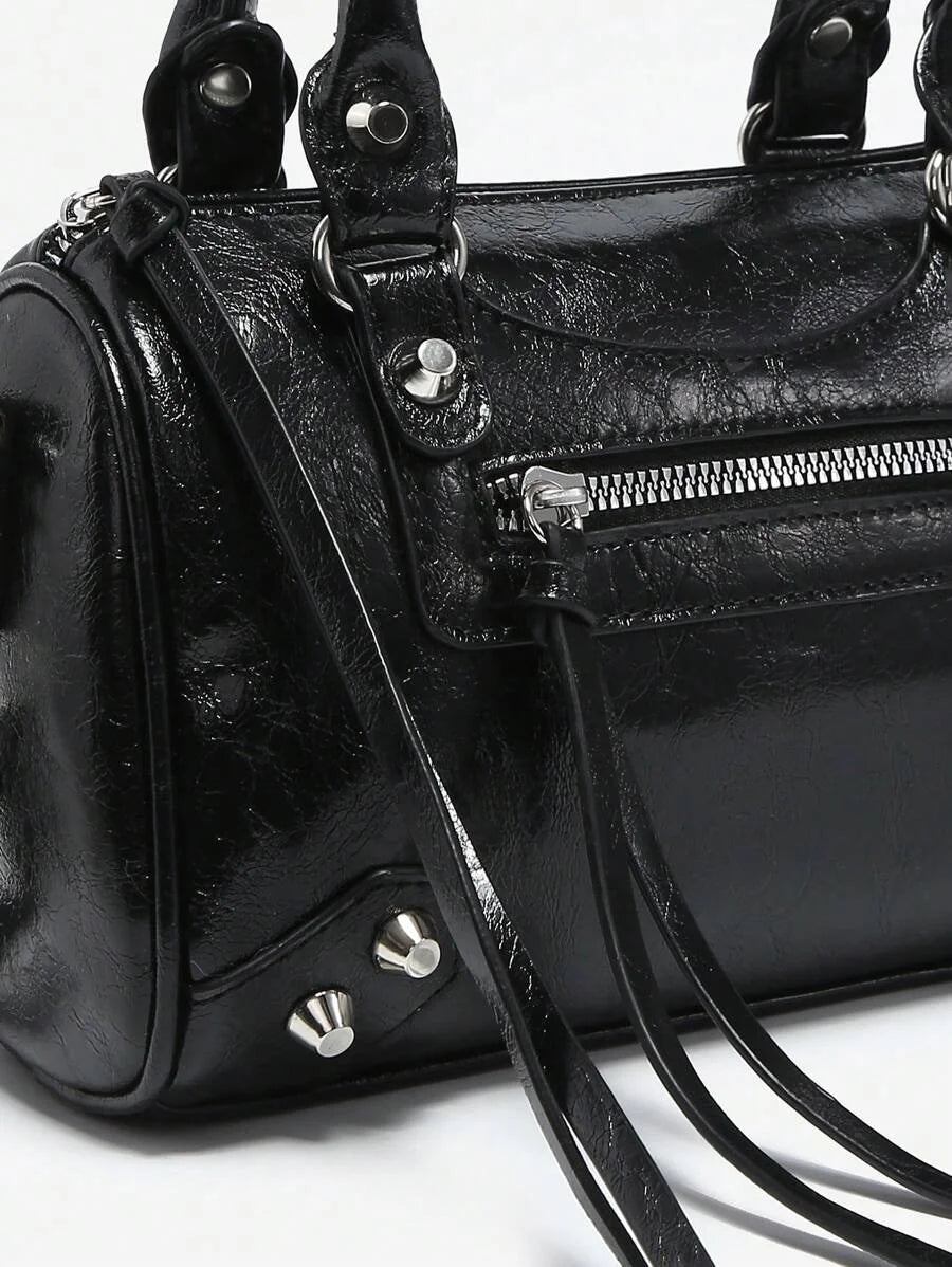 Womens Retro Y2K Motorcycle Punk Style Rivet Decorated Faux OilWax Leather Tote Handbag With
