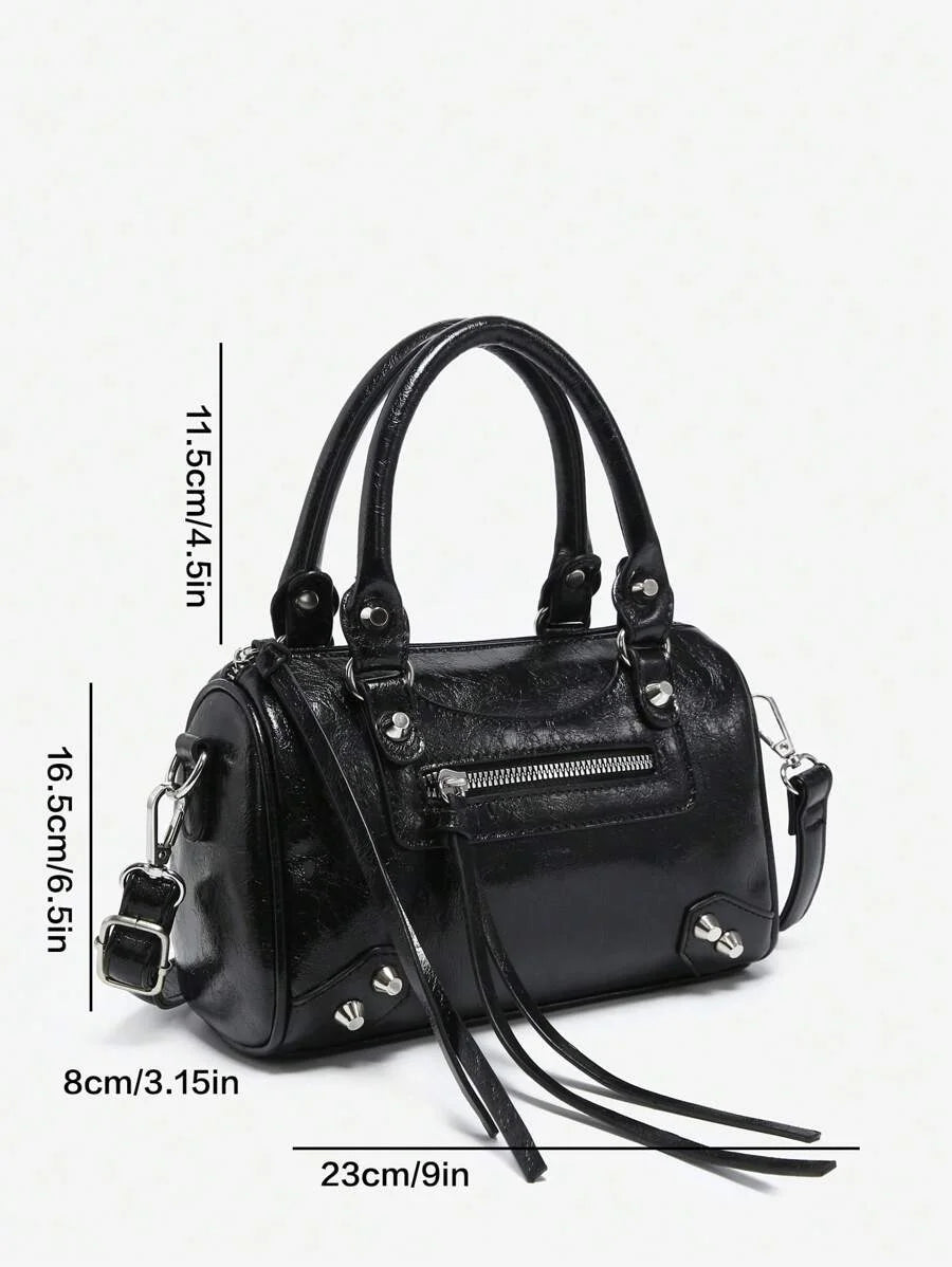 Womens Retro Y2K Motorcycle Punk Style Rivet Decorated Faux OilWax Leather Tote Handbag With