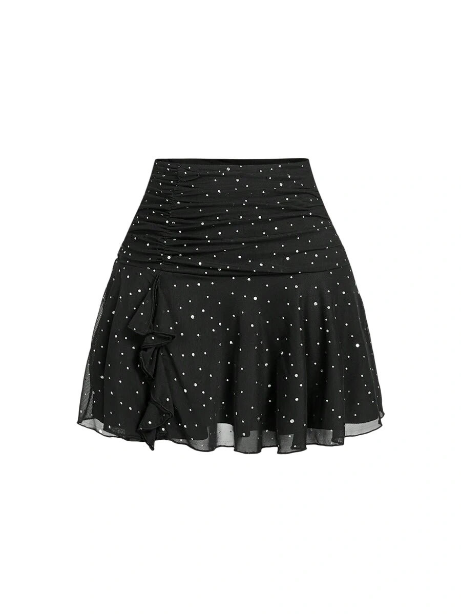 Womens Ruched Sequins Mesh Party Bodycon Mini Skirt Black