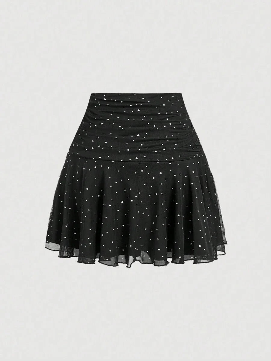 Womens Ruched Sequins Mesh Party Bodycon Mini Skirt Black