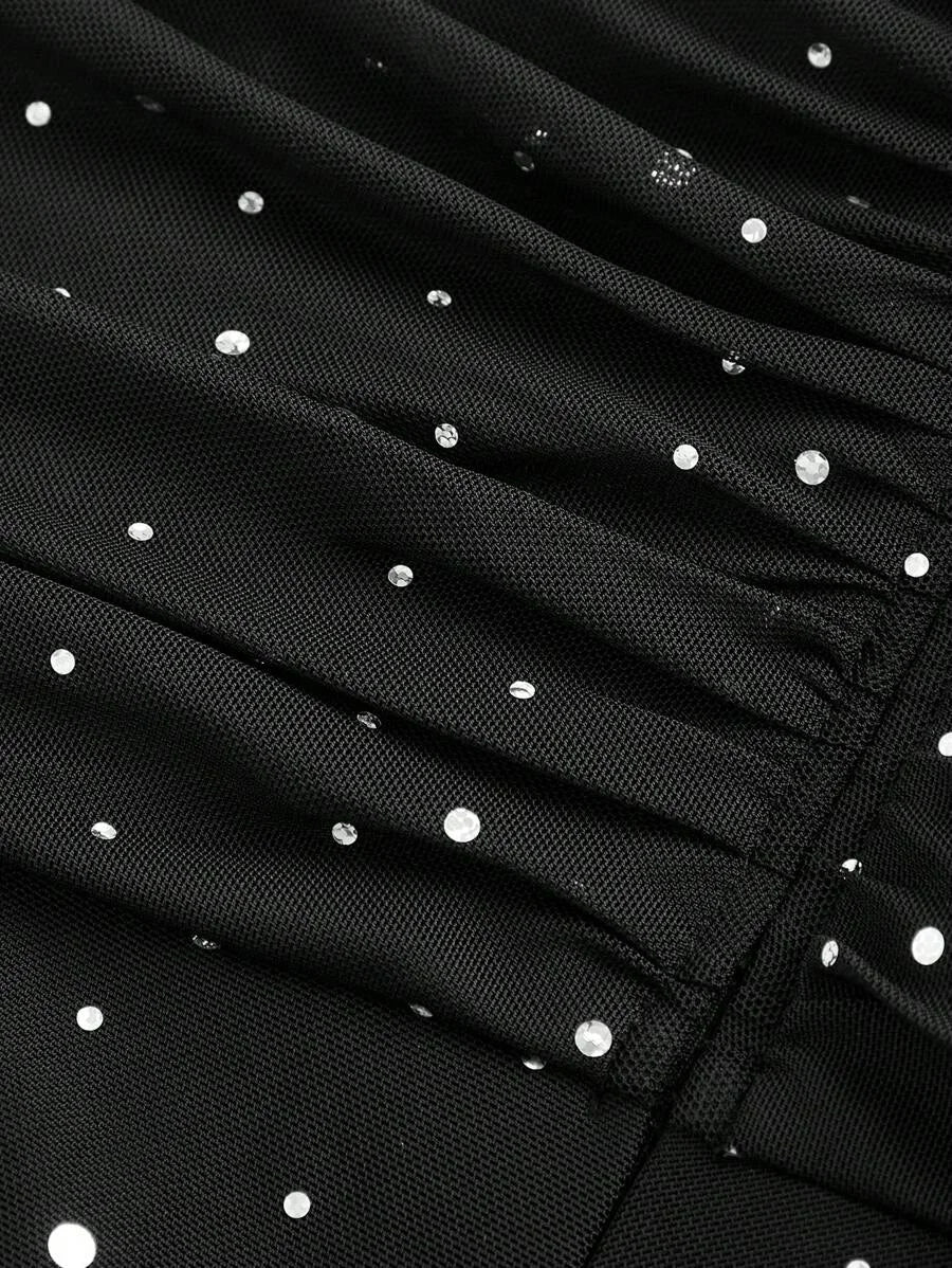 Womens Ruched Sequins Mesh Party Bodycon Mini Skirt Black