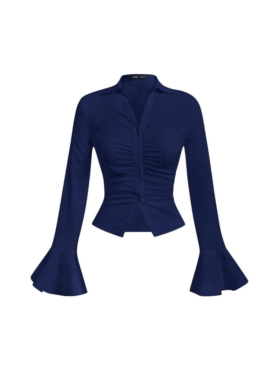 Womens Ruffle Flare Sleeve Crop Top Long Sleeve Tops