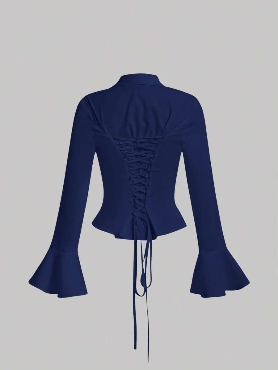 Womens Ruffle Flare Sleeve Crop Top Long Sleeve Tops
