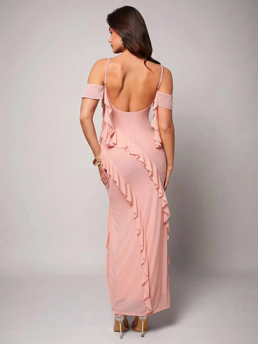 Womens Ruffled High Slit Dress Pink Summer Suitable For Beach Vacation Womens Elegant Dresses