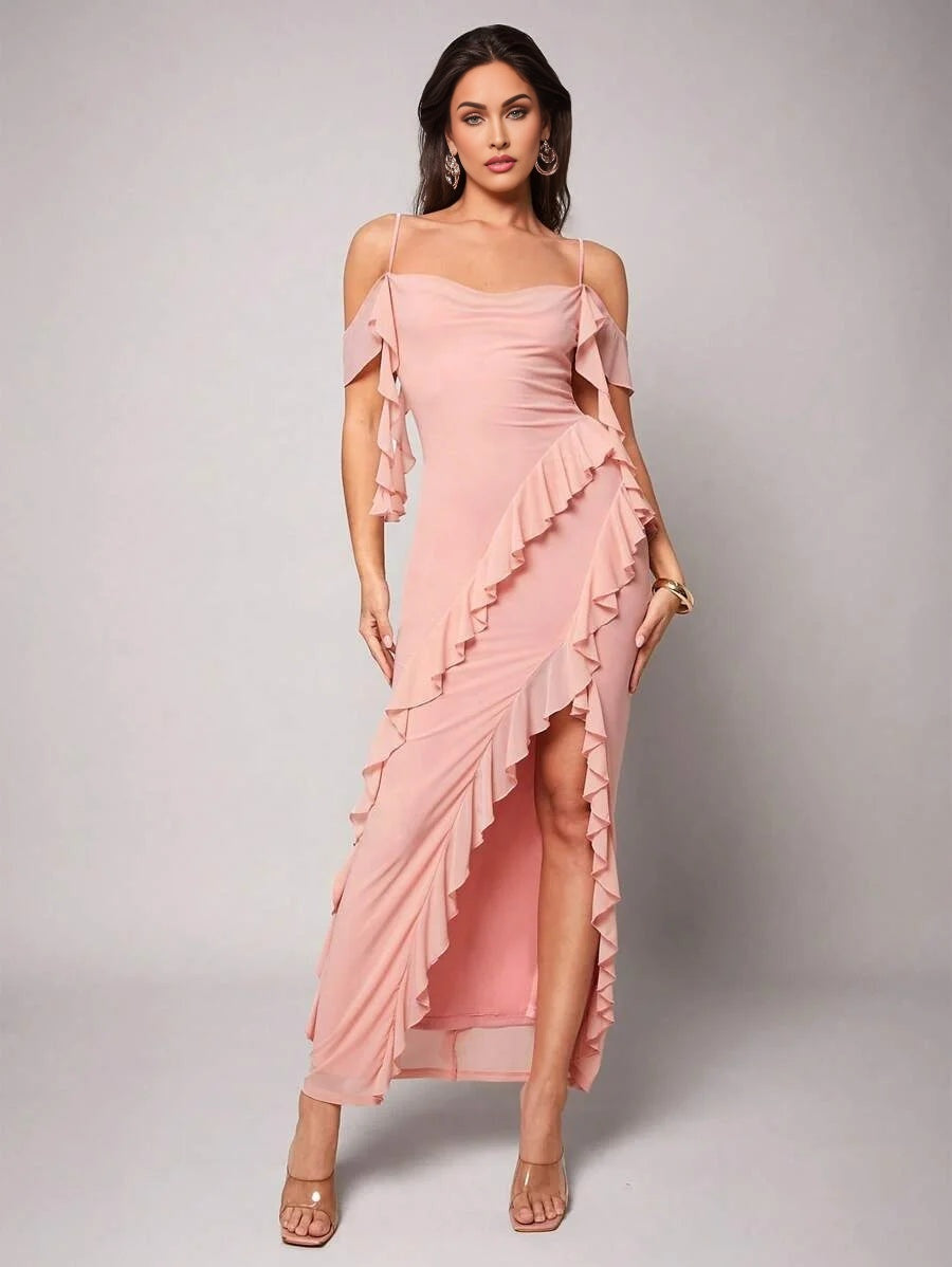 Womens Ruffled High Slit Dress Pink Summer Suitable For Beach Vacation Womens Elegant Dresses