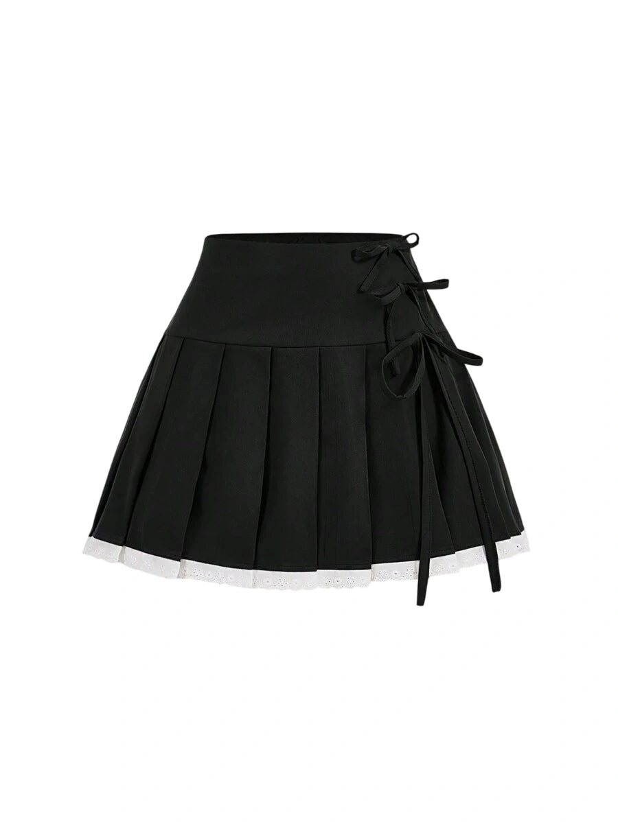Womens Ruffled Patchwork Bow Pleated Gray Mini Skirt Black Skirt Going Out Skirt Back To School