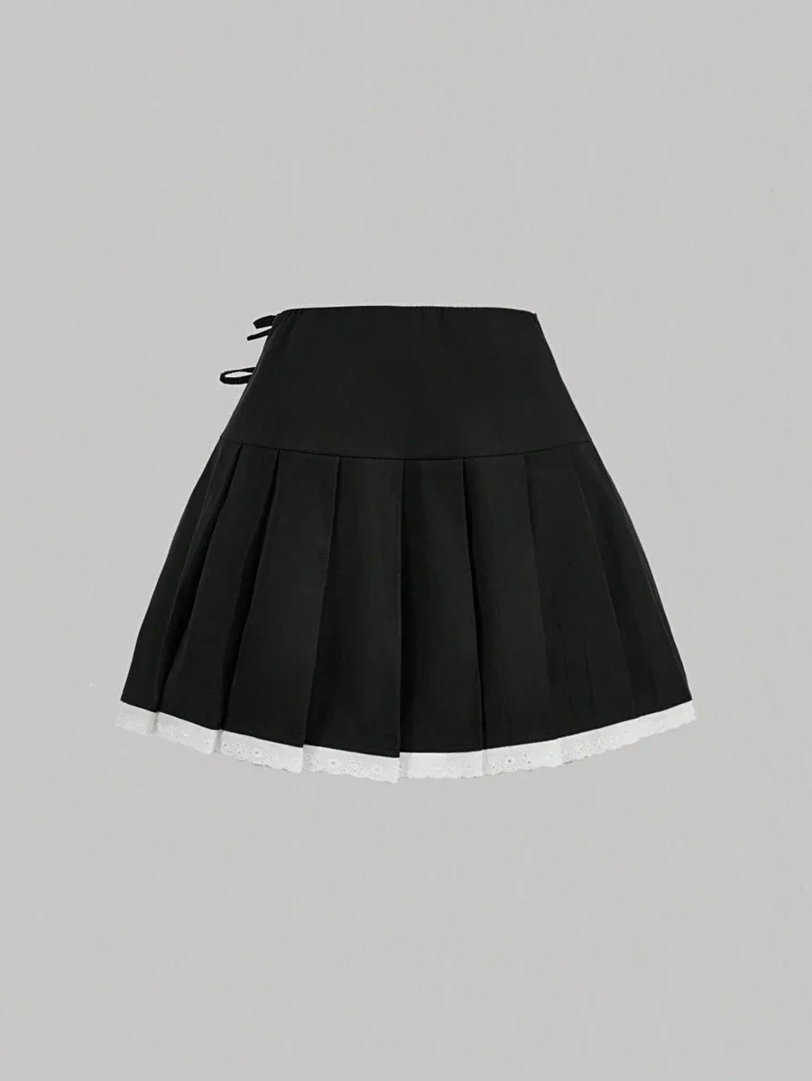 Womens Ruffled Patchwork Bow Pleated Gray Mini Skirt Black Skirt Going Out Skirt Back To School
